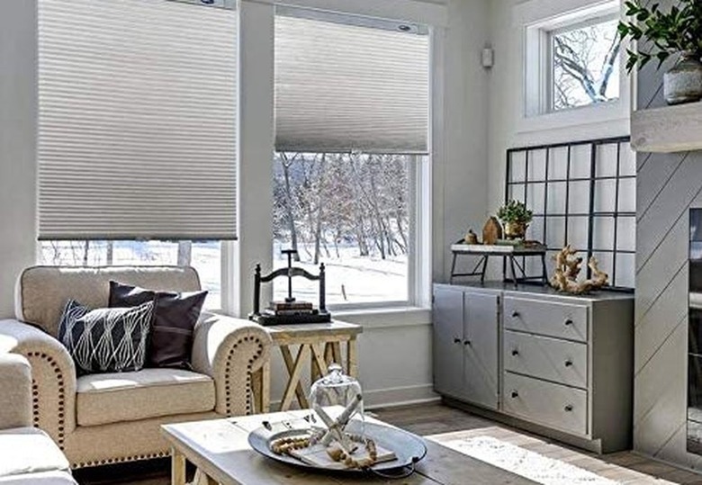 Beige and Gray Living Room With No Drill Light Filtering Cordless Cellular Blinds