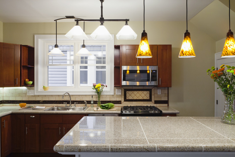 Breakfast bar and cabinets in kitchen