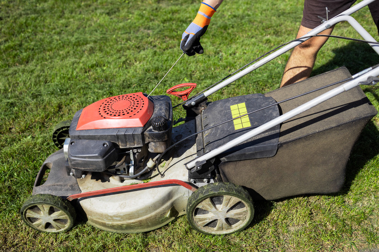 Starting the engine of gasoline lawn mower.