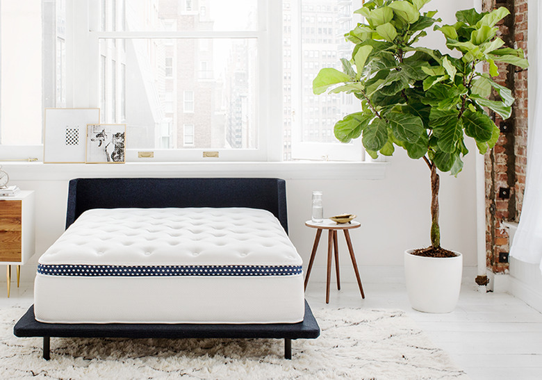 Minimal bedroom with bare mattress on navy bed frame