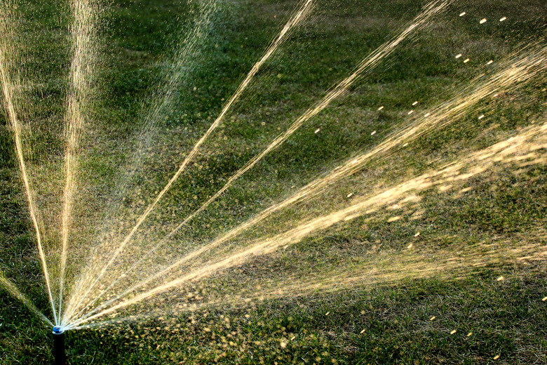 Rotating sprinkler on a green lawn