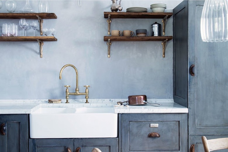 modern gray kitchen with gray distressed cabinets