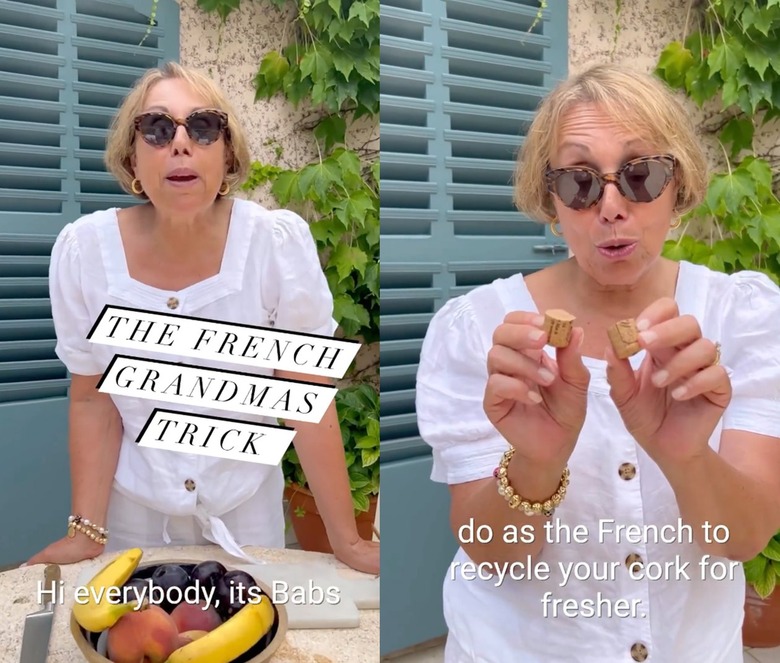 Split screen image of a woman with a fruit bowl on the left and the same woman holding up a wine cork cut in half on the right