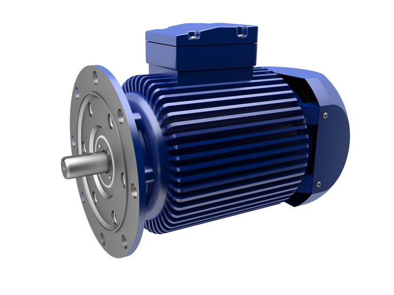 A blue and silver electric motor on a white background