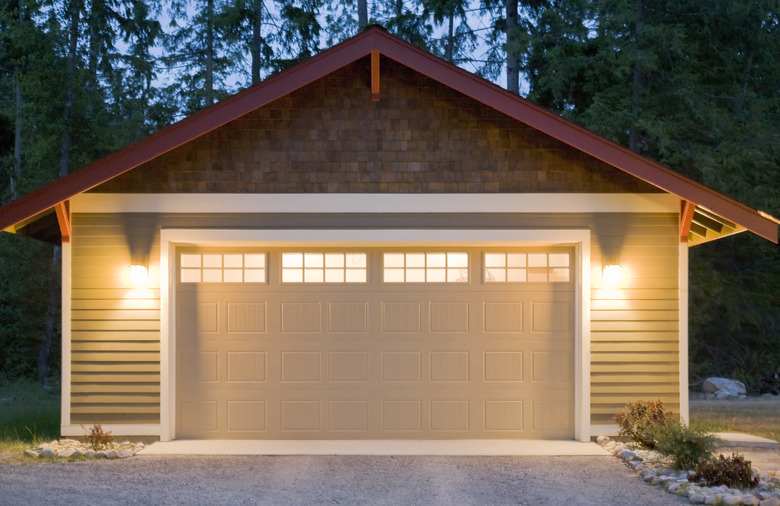 Exterior of residential garage at dusk