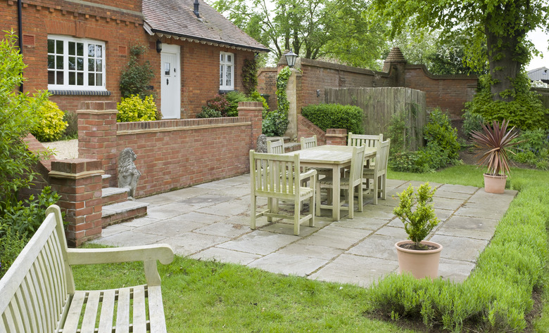 Garden patio in landscaped back garden.