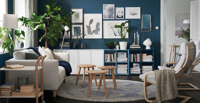 Room display of a wide variety of IKEA furniture products.