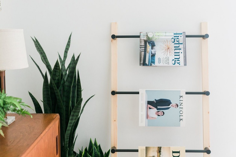 Wood and metal ladder with magazines next to plant and wood sideboard