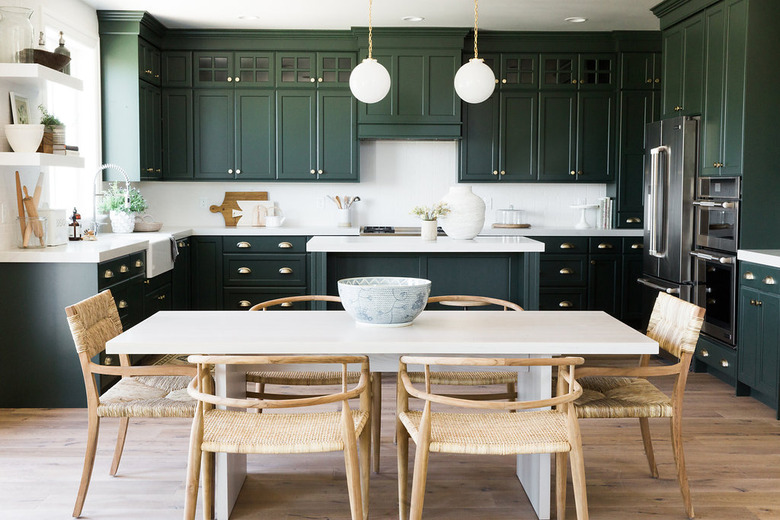 forest green cabinet kitchen color trend in 2019 with island and pendant lighting