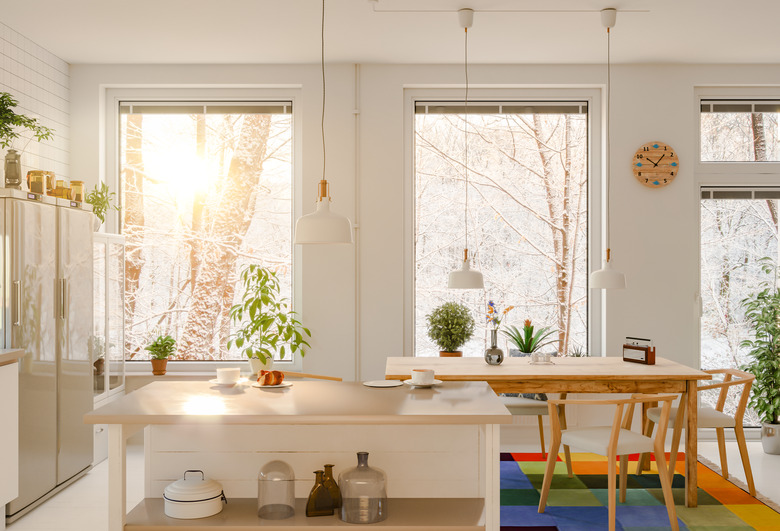 Morning sun streaming into the kitchen, winter scene