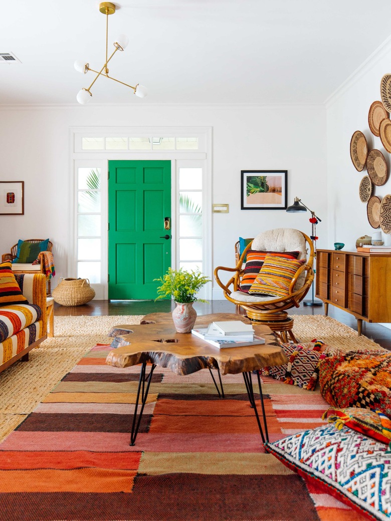 green front door color with bohemian living room