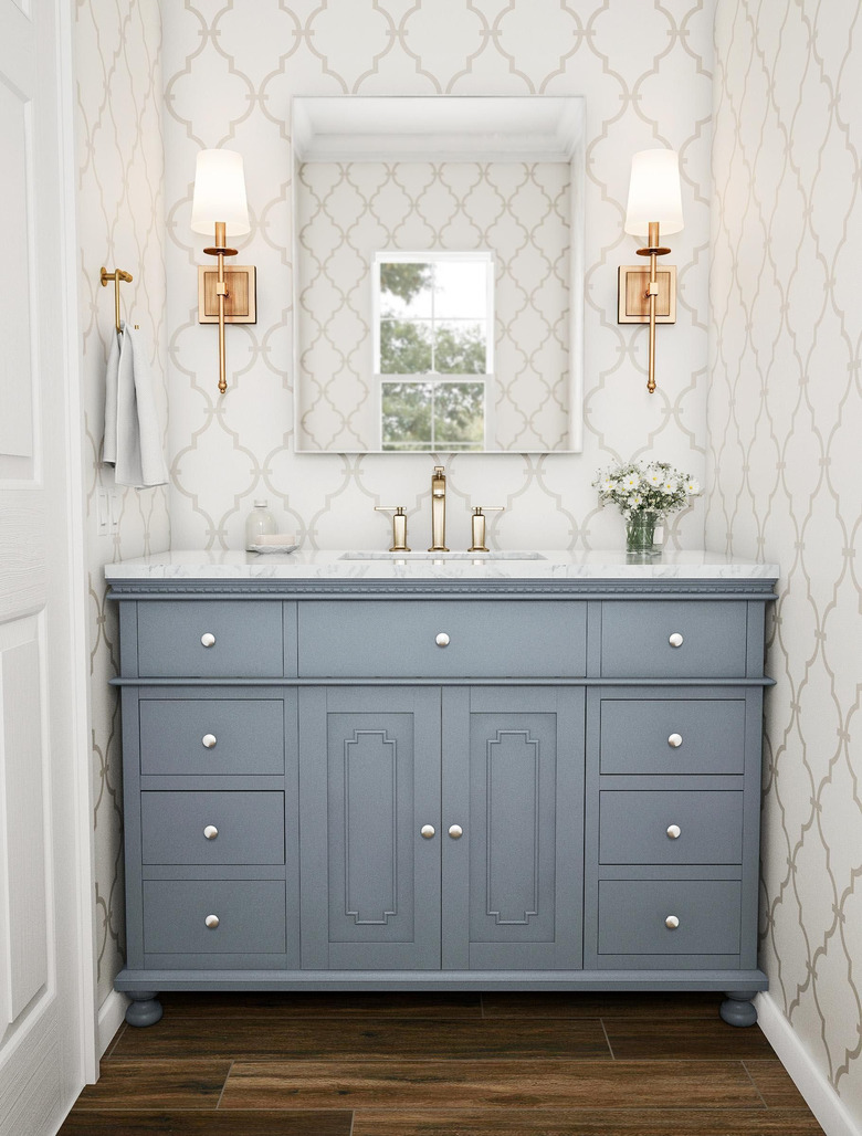 gray traditional bathroom vanity idea with decorative trim