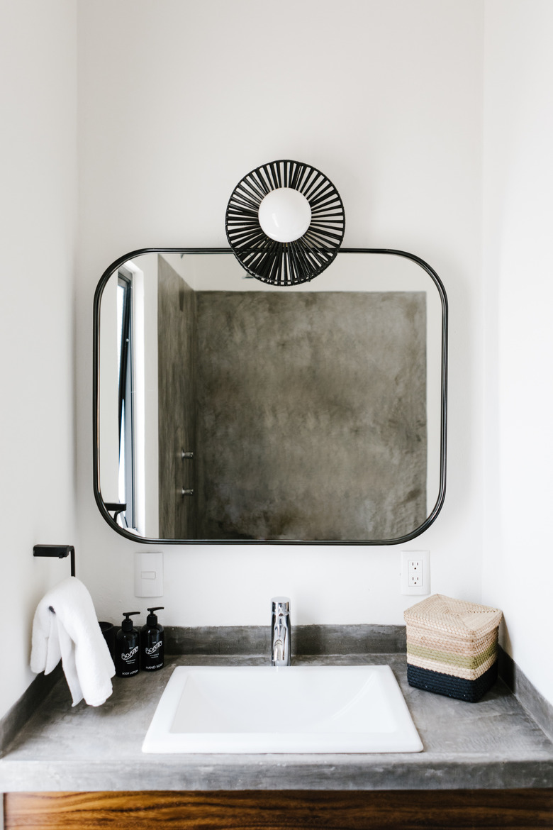 square drop-in bathroom sink, concrete countertop