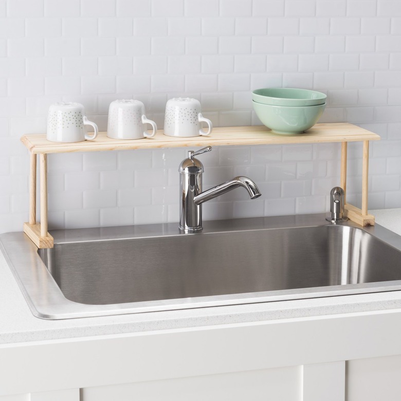 oak wood over the sink storage shelf