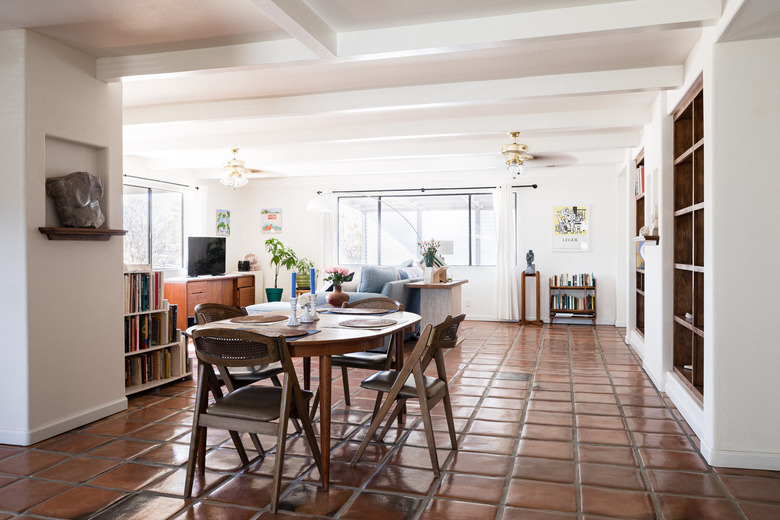 Saltillo tile in open plan dining area and living room