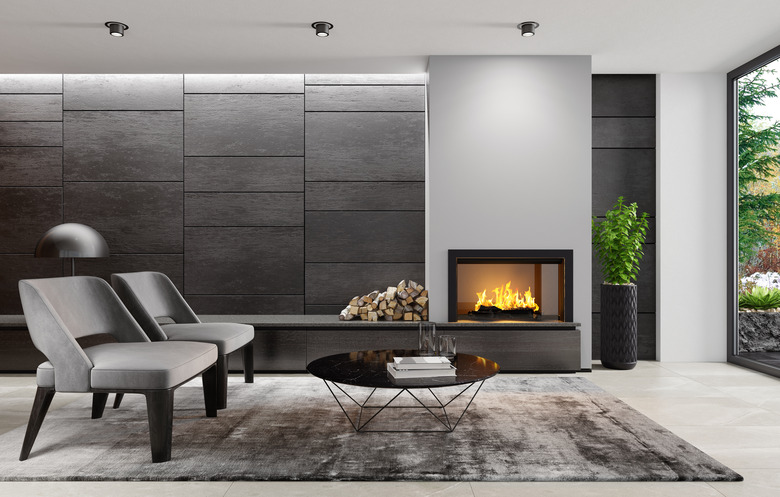 Modern minimalist apartment interior living room with fireplace