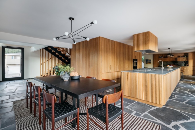 dining area with slatted white oak cabinets