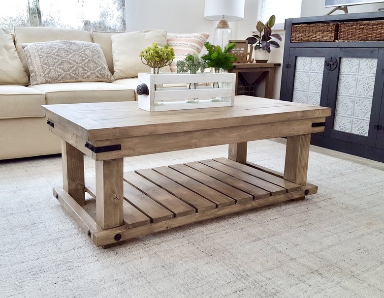 DIY industrial coffee table with wood slats and metal detail