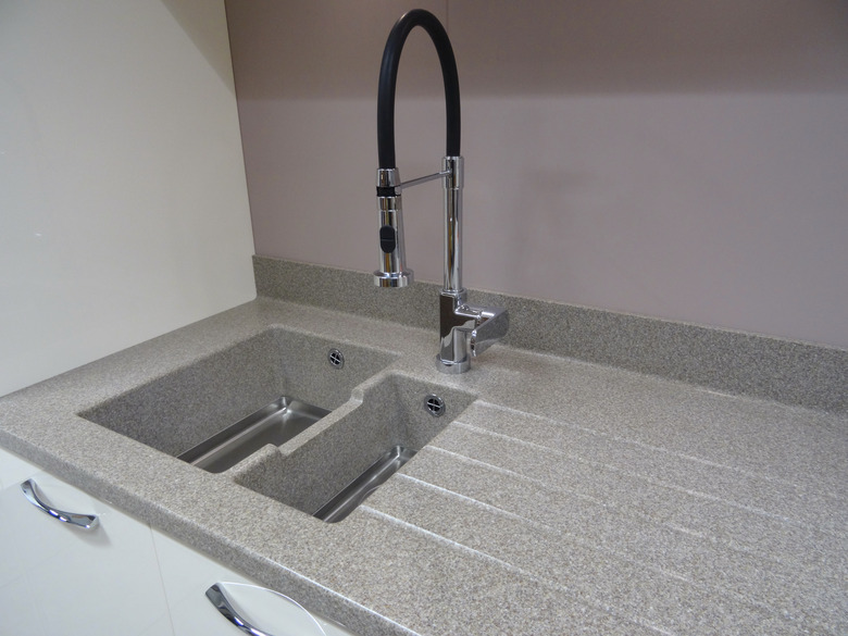 Stainless-steel kitchen sink / single basin, composite-laminate, corian grey worktop counter-top