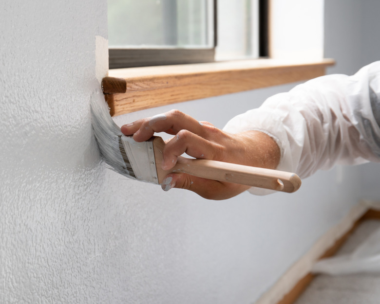 Man touching up the paint in a home by window