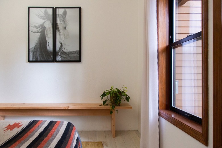 Dyptich horse photo, over a wood bench with a plant. A bed with a striped blanket. A wood framed window.