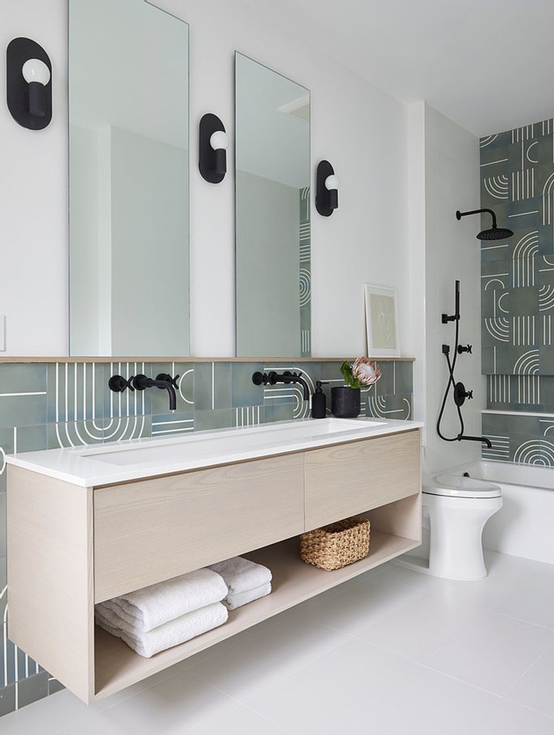 soothing gray and white bathroom with geometric tile