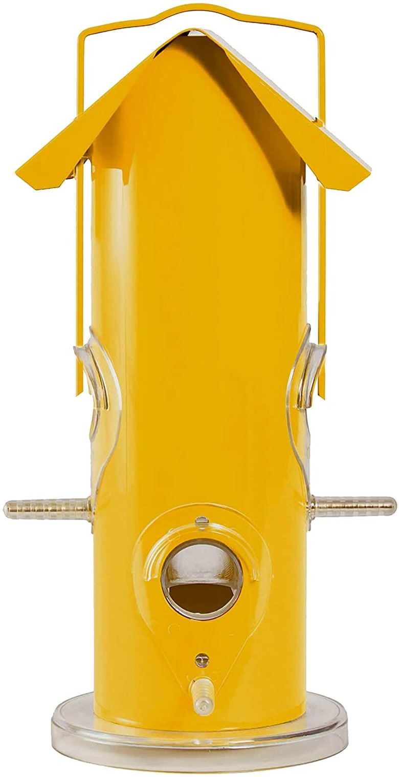 yellow metal tube bird feeder