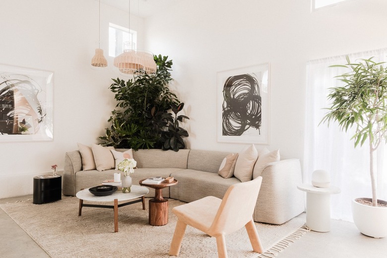 a sunken living room with a curved sectional couch, large potted plants, and two mid-century coffee tables,