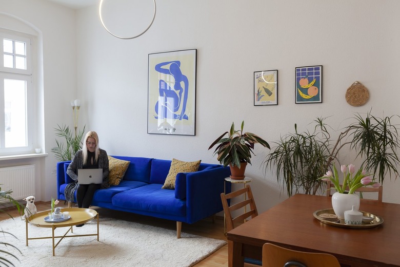 blue velvet sofa in eclectic boho living room with lots of houseplants and modern art