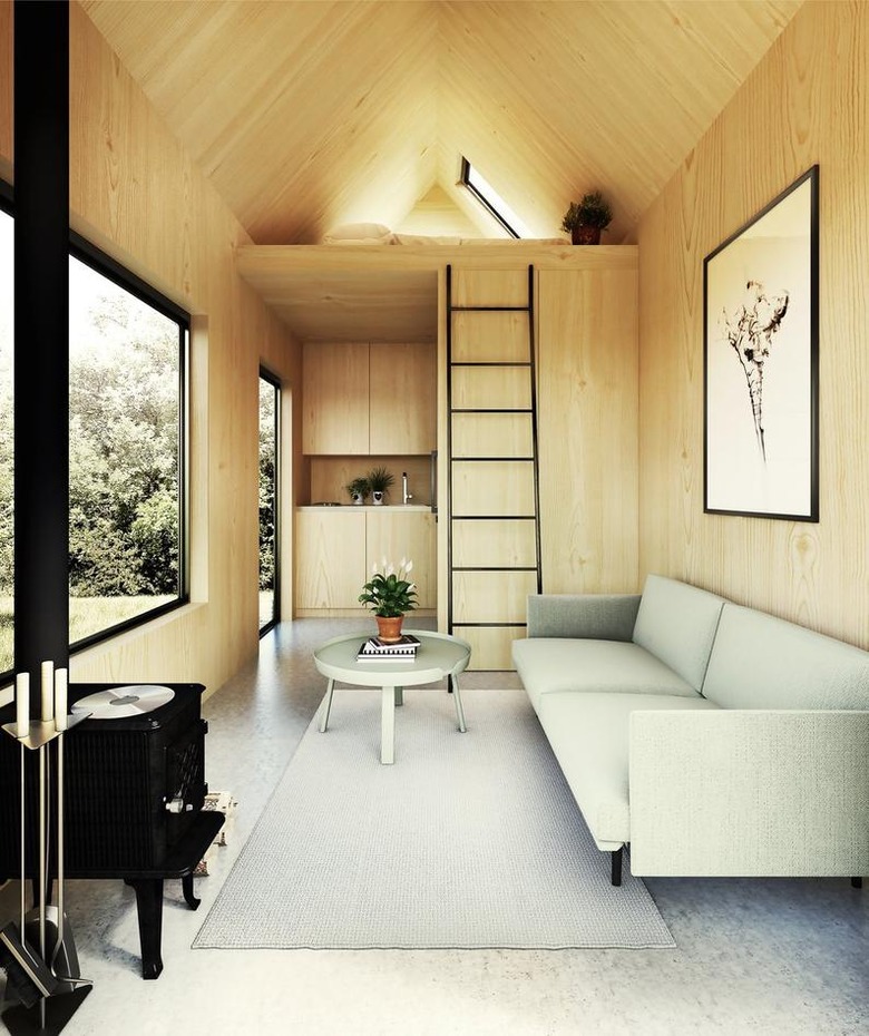 modern tiny house with Scandi style living room