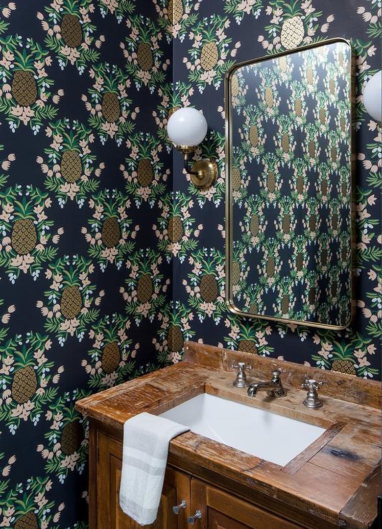 pineapple modern wallpaper in bathroom with wood sink