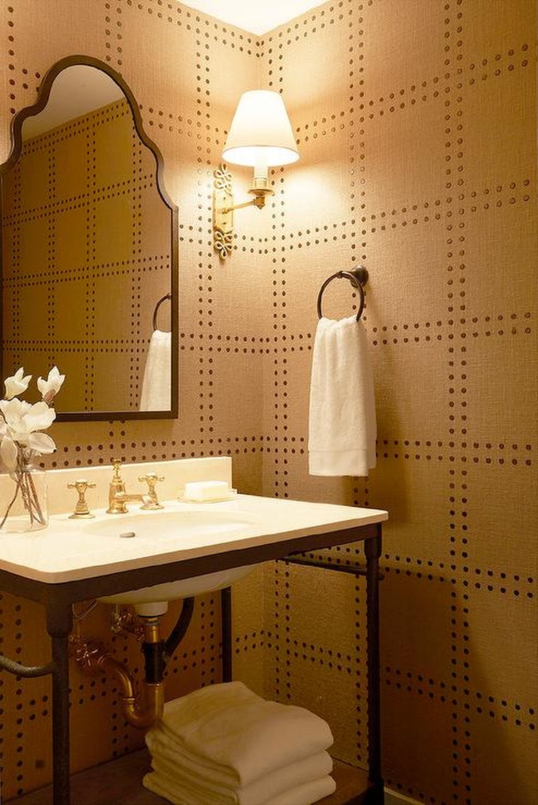 geometric modern wallpaper in bathroom with open vanity