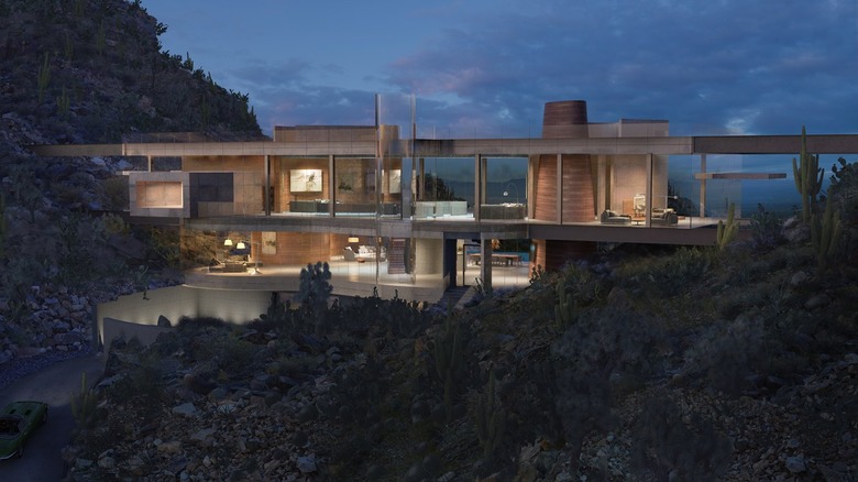 contemporary home in desert at night