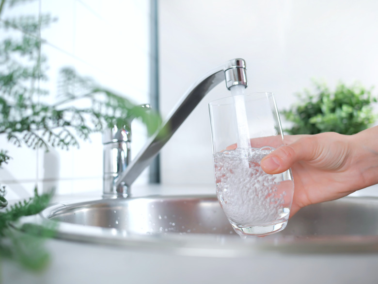 Filling a glass with tap water.