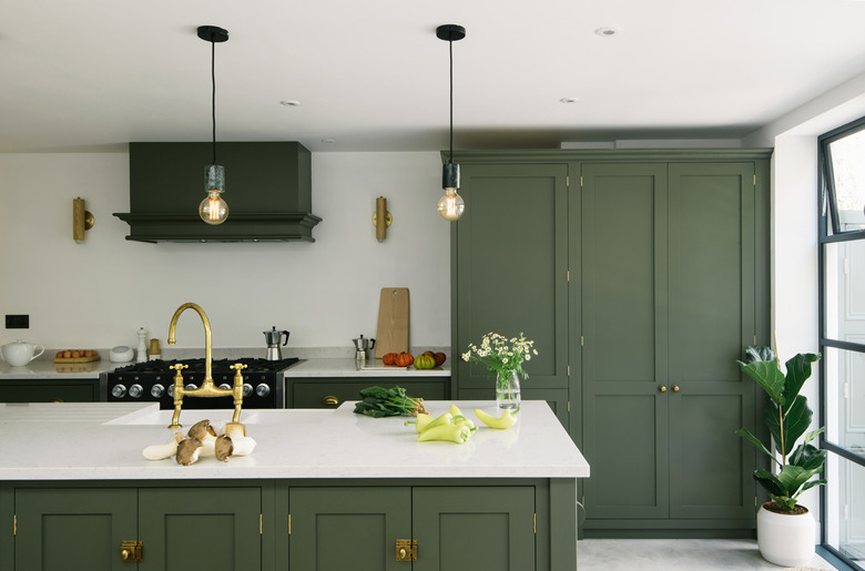 white and olive green kitchen color idea with gold accents