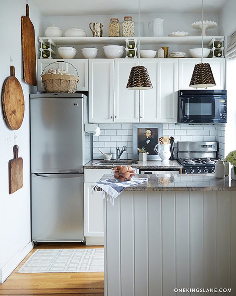 white and grey one wall kitchen with island