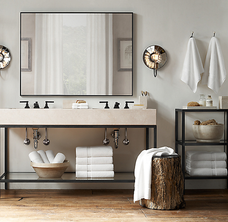 aged steel and quartz open bathroom vanity