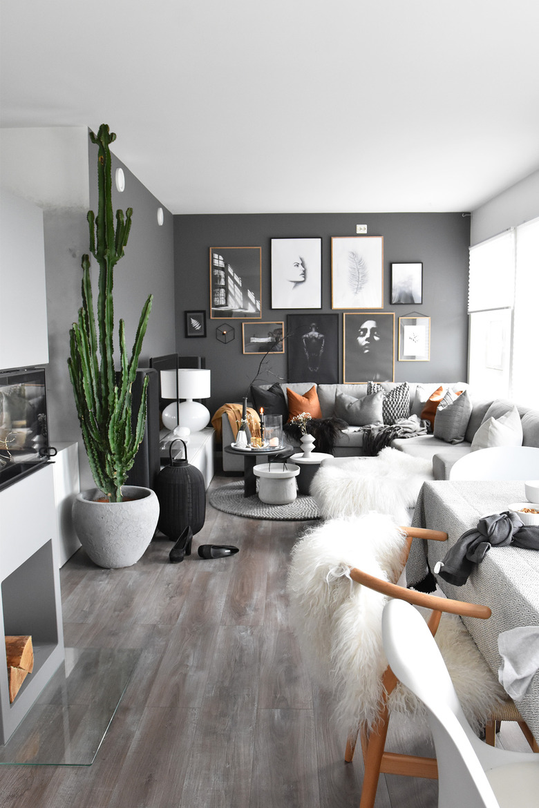 monochrome open concept living room in gray