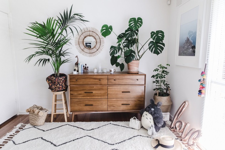 bohemian bedroom with plants and wood dresser