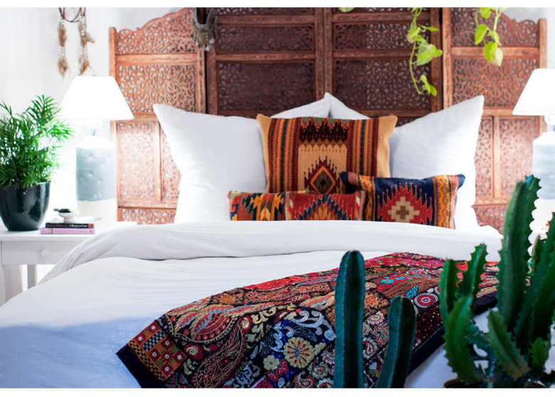 bohemian bedroom with colors and patterns