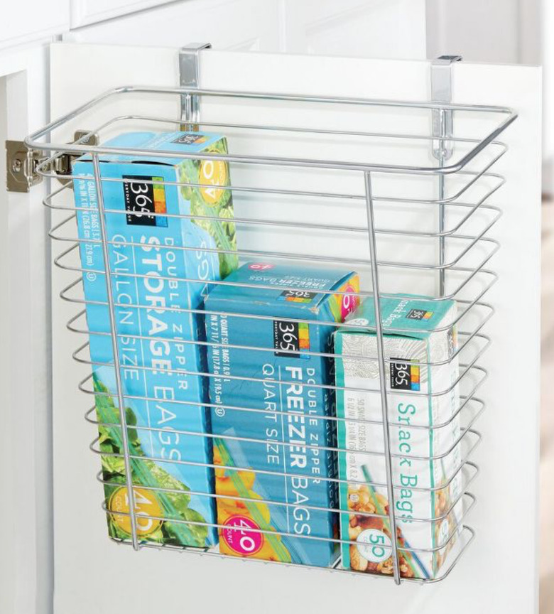 Over the Door Storage with Metal kitchen cabinet basket, storage bags.