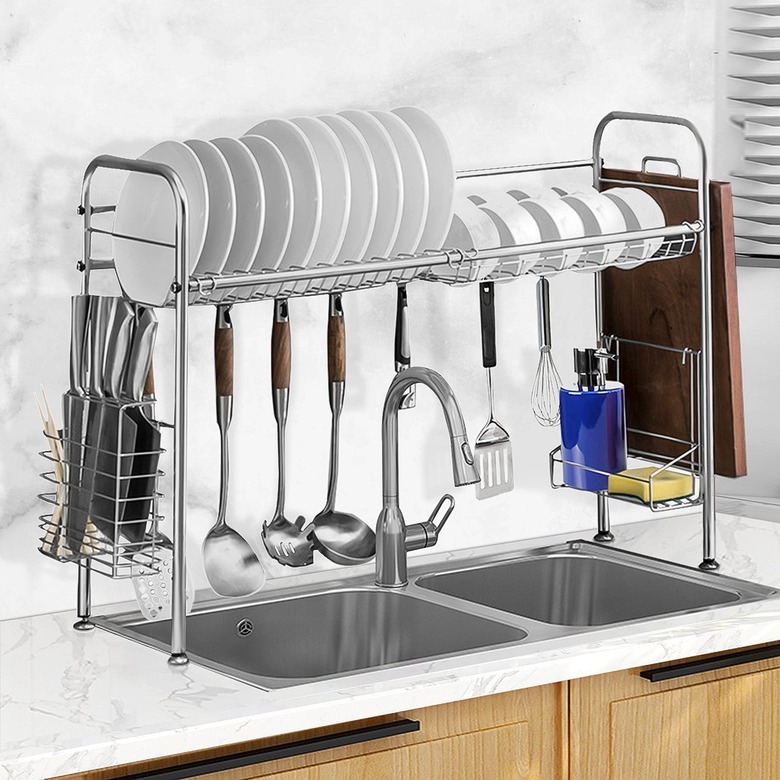 over the sink dish drying rack with hanging hooks