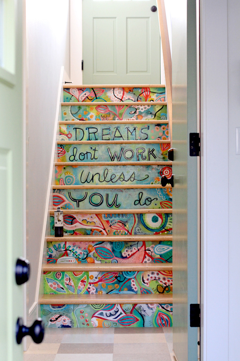 artistic painted stairs with inspirational quote