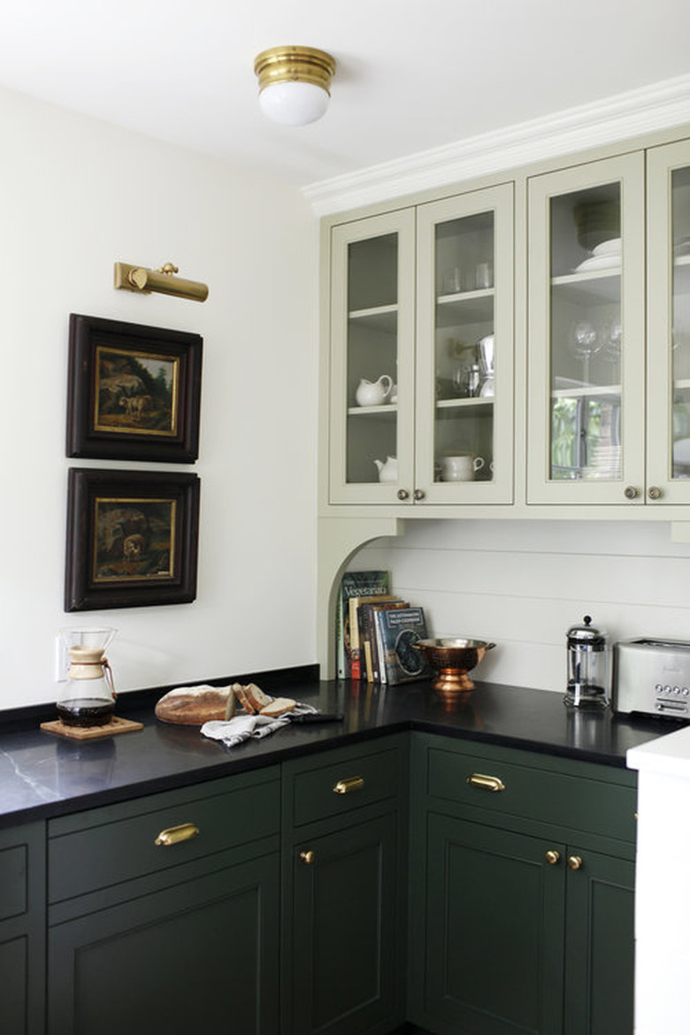 farmhouse kitchen with green cabinets