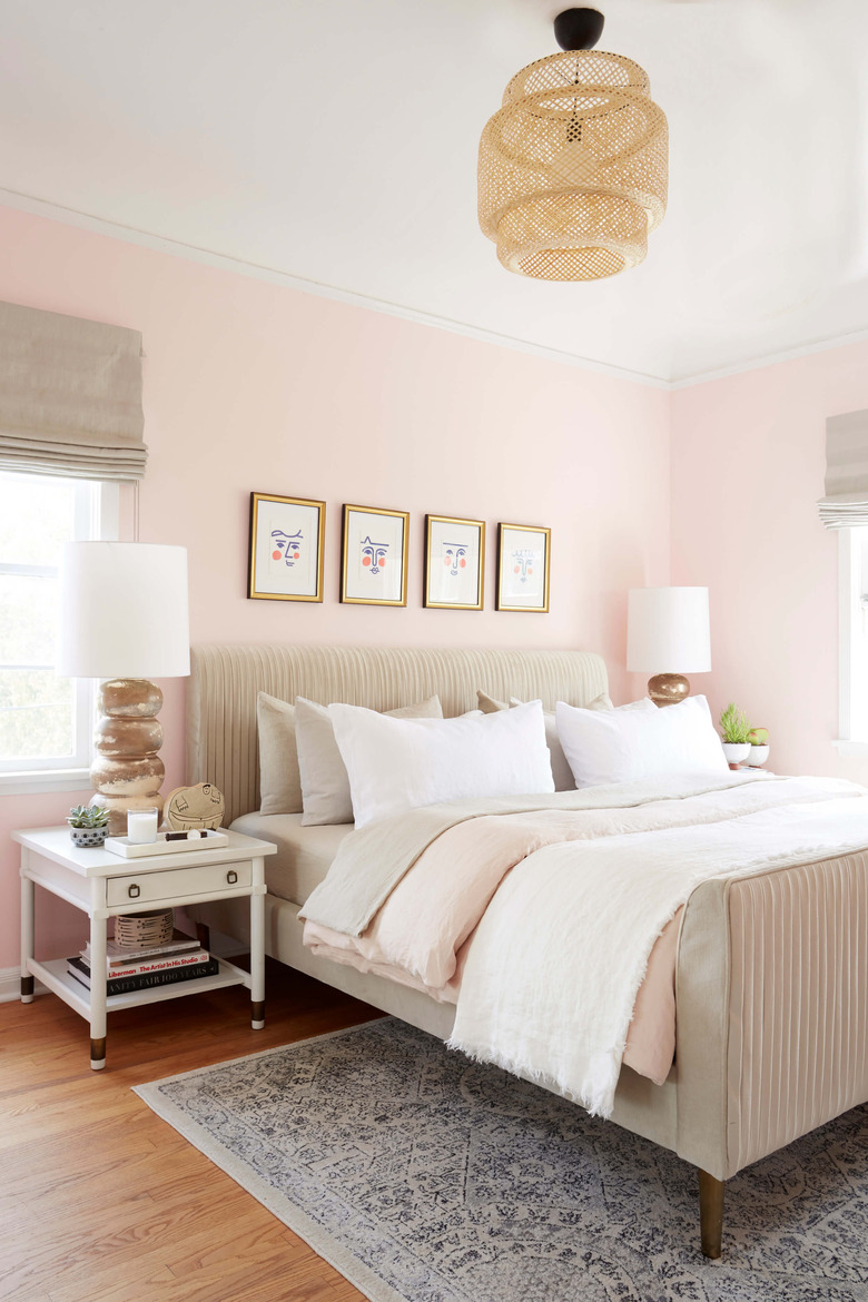 soft pink bedroom with natural accents and IKEA pendant