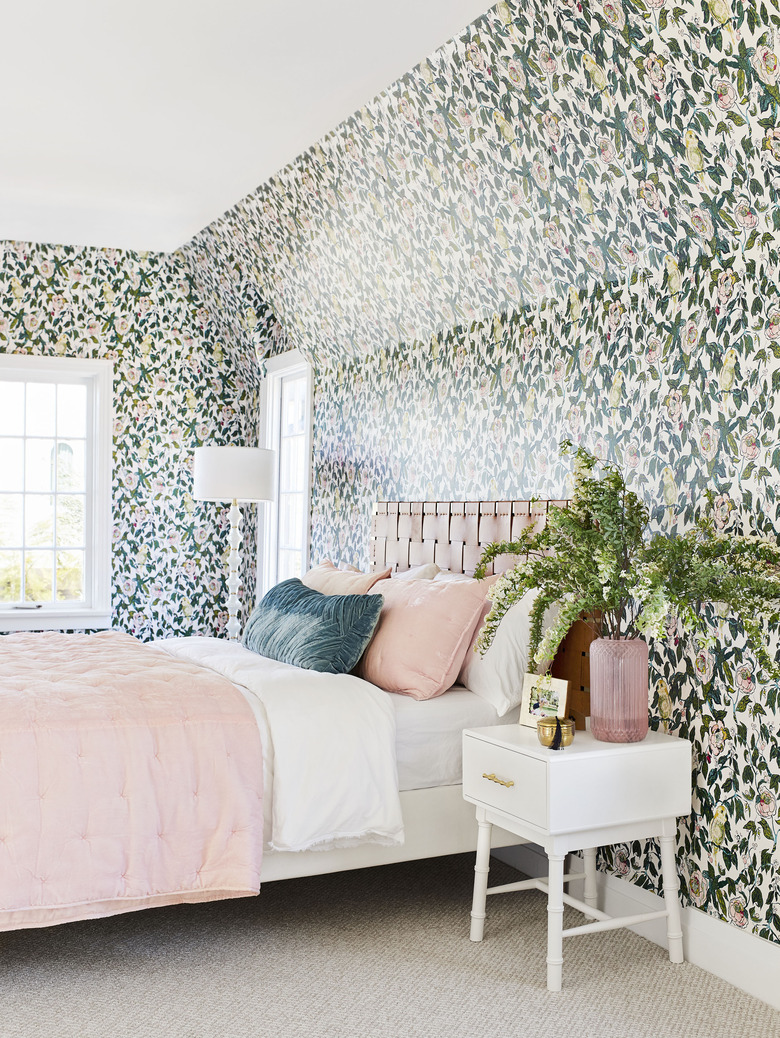 removable floral wallpaper in pink bedroom