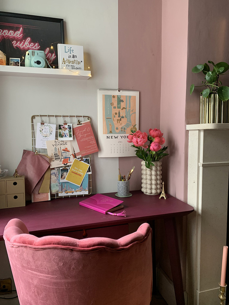 pink and white home office with magenta desk and velvet pink desk chair