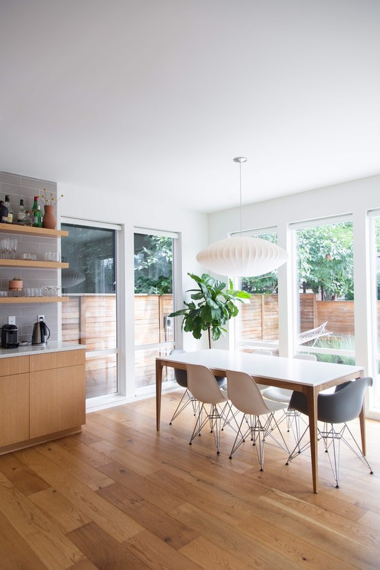 kitchen with midcentury pendant lighting