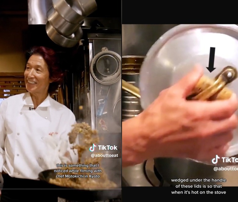 Split-screen image of a chef cooking on the left and a close-up of a hand holding a pot lid on the right