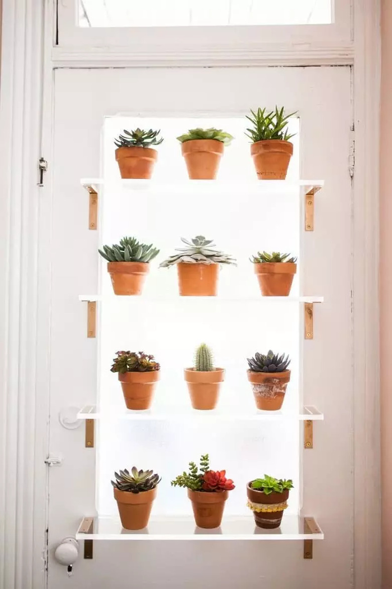 kitchen window idea with acrylic shelves with rose gold brackets on kitchen door with window